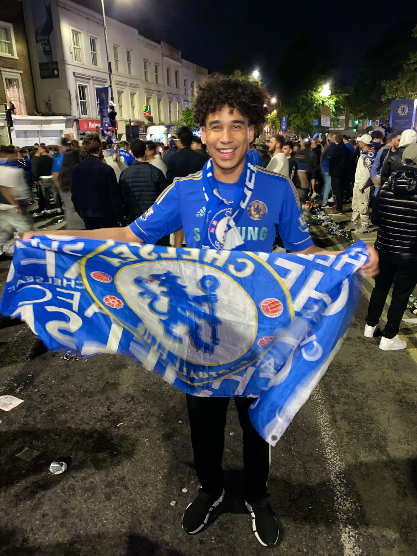 Fulham Road, Chelsea · 30 May 2021 · 01:10am · The night everything changed Joshua Arthur JJ celebrating Chelsea Champions League win Fulham Road London 30 May 2021 scene of Metropolitan Police complaint PC/6194/21