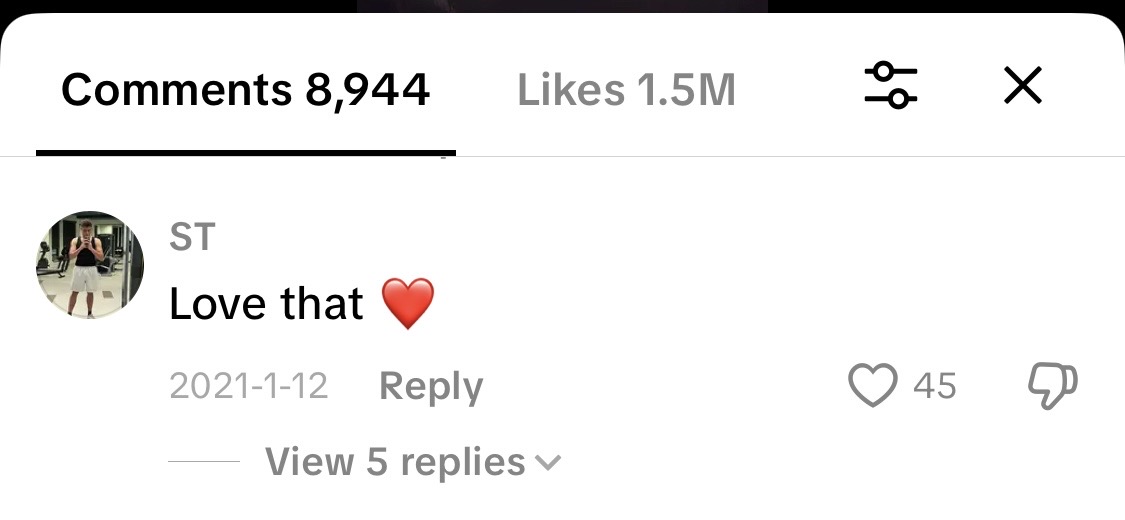 TikTok comment on JJDREAMSS Joshua Arthur viral video 1.5 million likes 8944 comments user ST writing Love that red heart emoji 2021 social proof audience