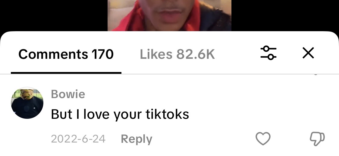 TikTok comment JJDREAMSS Joshua Arthur video Bowie writing But I love your tiktoks 2022 82600 likes creator appreciation British Norwegian multilingual content